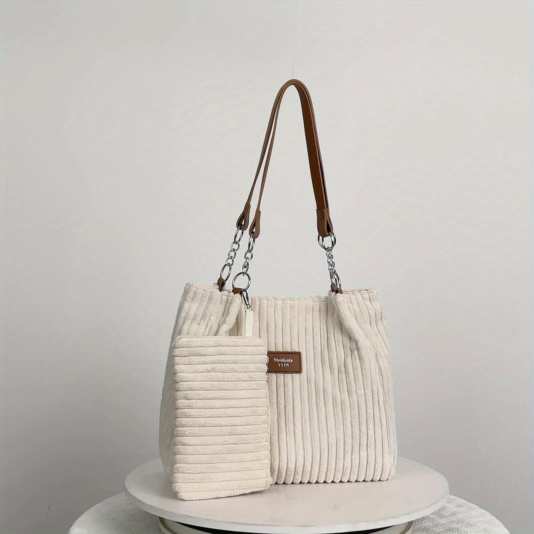 Perfect Lily Women's 2pcs Corduroy Tote & Handbag Set - Elegant Large Capacity Handbags with Zipper Closure, Fixed Strap & Polyester Lining, Beige/White/Green/Black, Versatile for Daily Commute, Work, Shopping - Durable Cordu - Daisan Mart