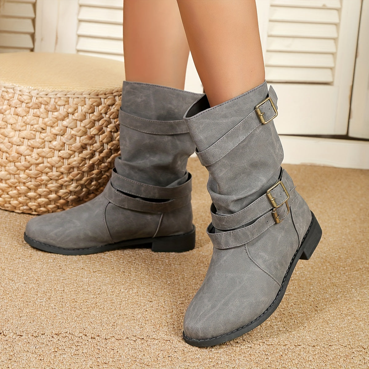 Mid Calf Ruched Buckle Solid Color Retro Western Short Boots For Women Cowboy Boots - Daisan Mart
