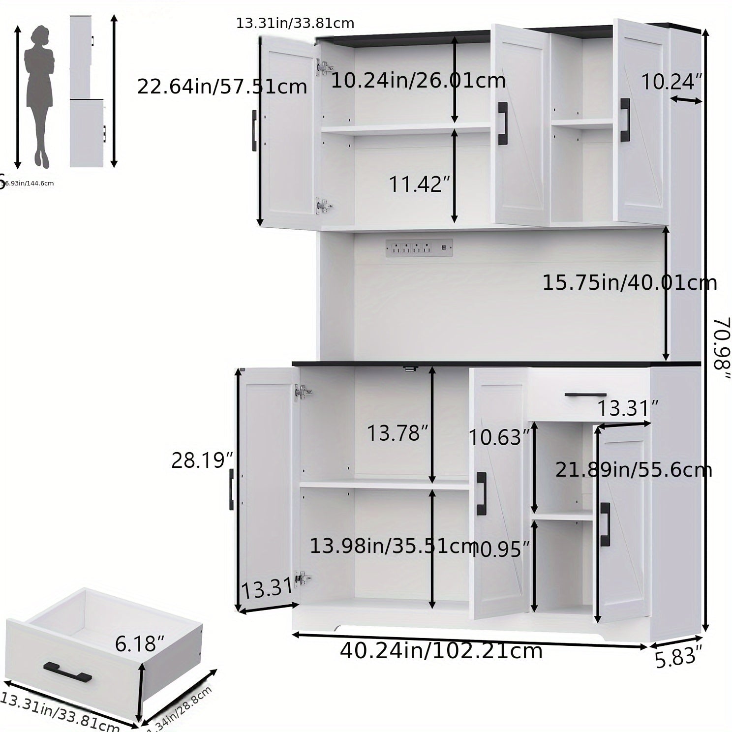 Rustic Wood Kitchen Cabinet 6 Doors, 4 Shelves, With Outlet 71 inch