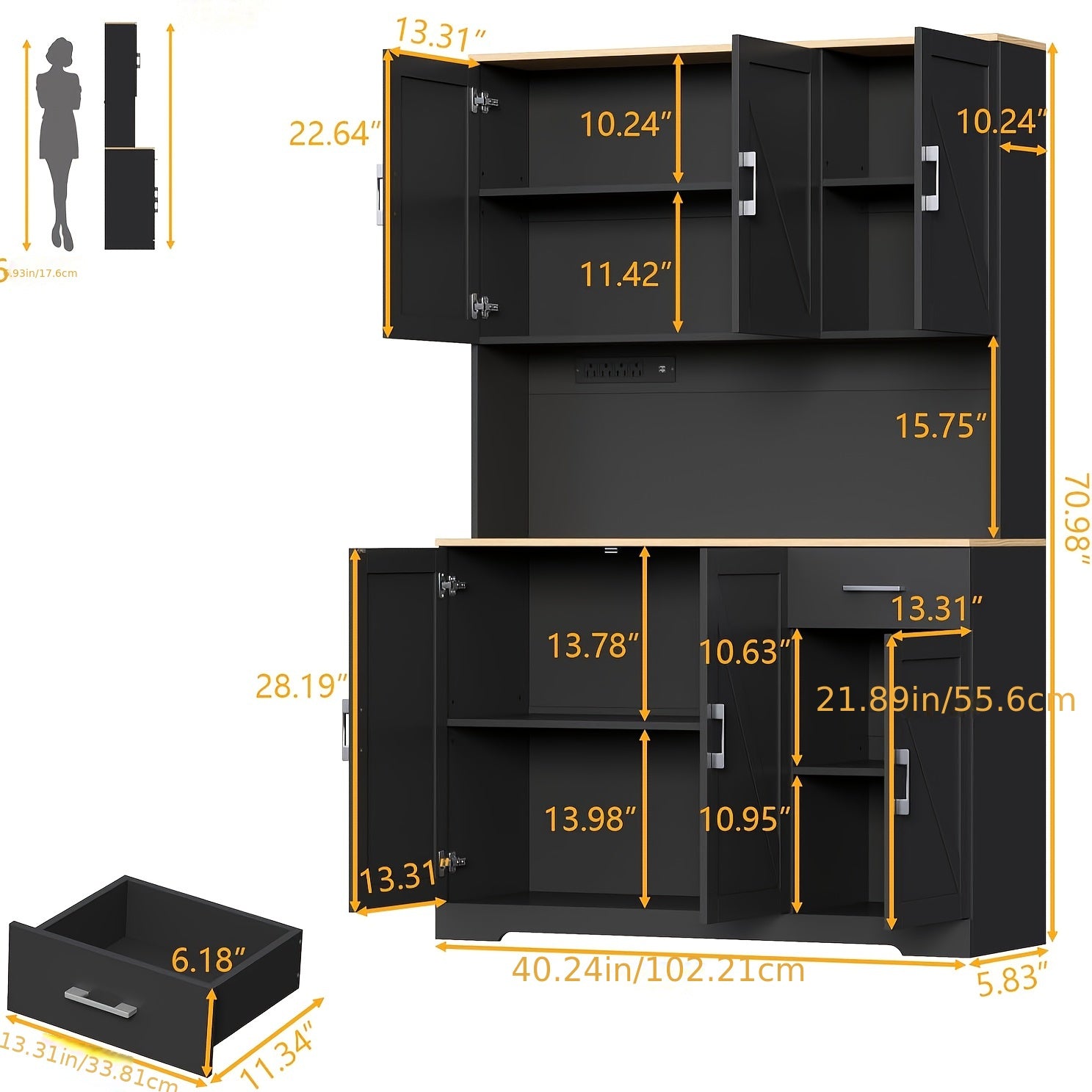 Rustic Wood Kitchen Cabinet 6 Doors, 4 Shelves, With Outlet 71 inch