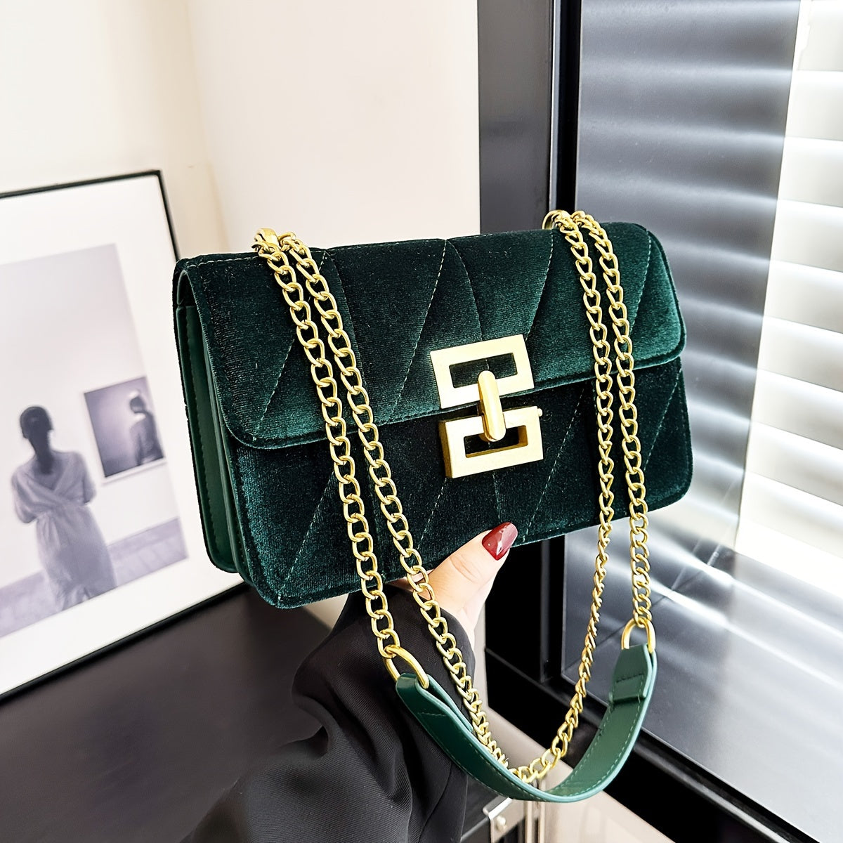 Elegant Crossbody Bag - Velvet Material with Chain