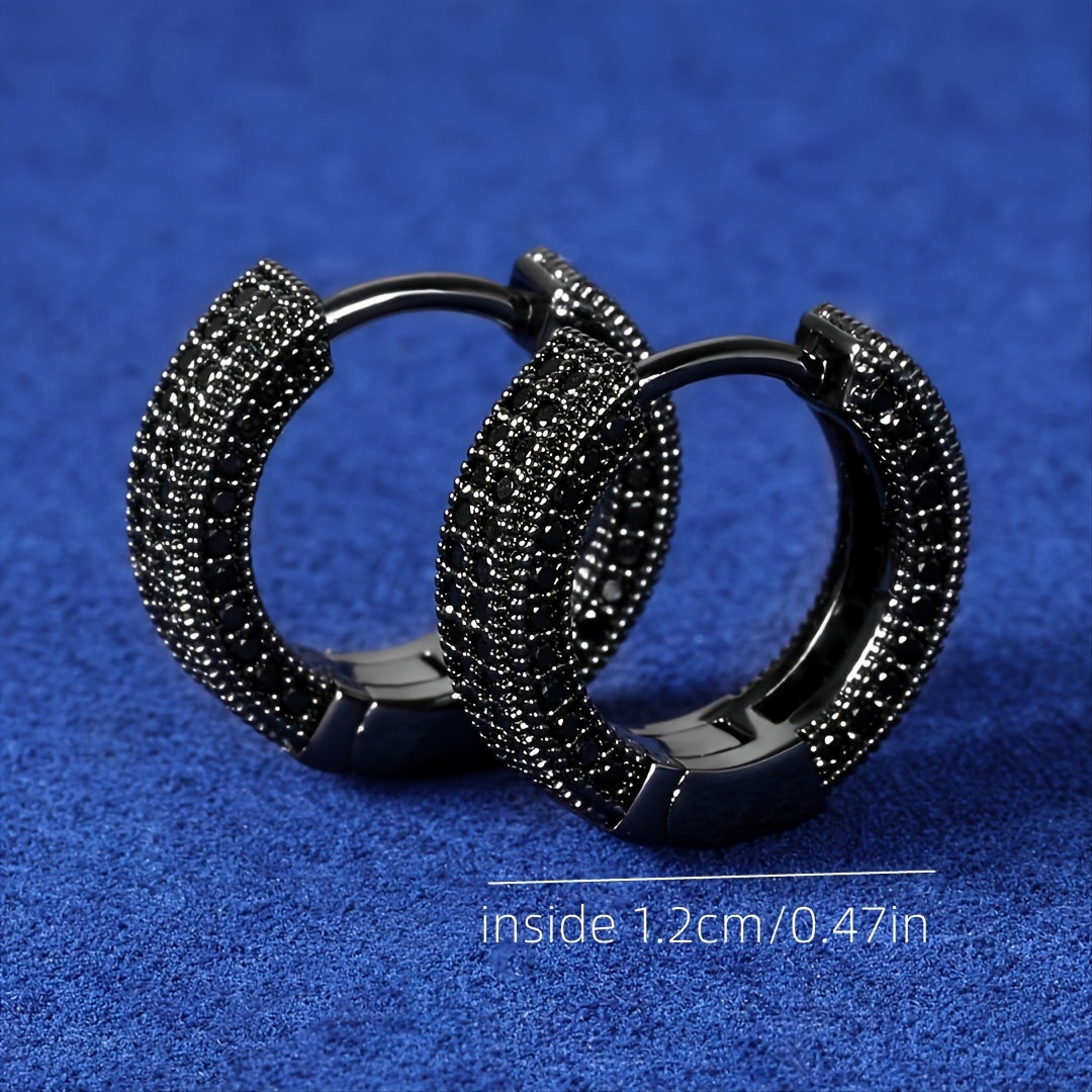 Men's Black Hoop Earrings - Sleek Modern Design with Sparkling Crystals, High-Quality Durable Metal, Versatile for Casual &amp; Formal Wear, Trendy Earrings, Fashion Statement, Contemporary Jewelry, Polished Finish, Statement Pie