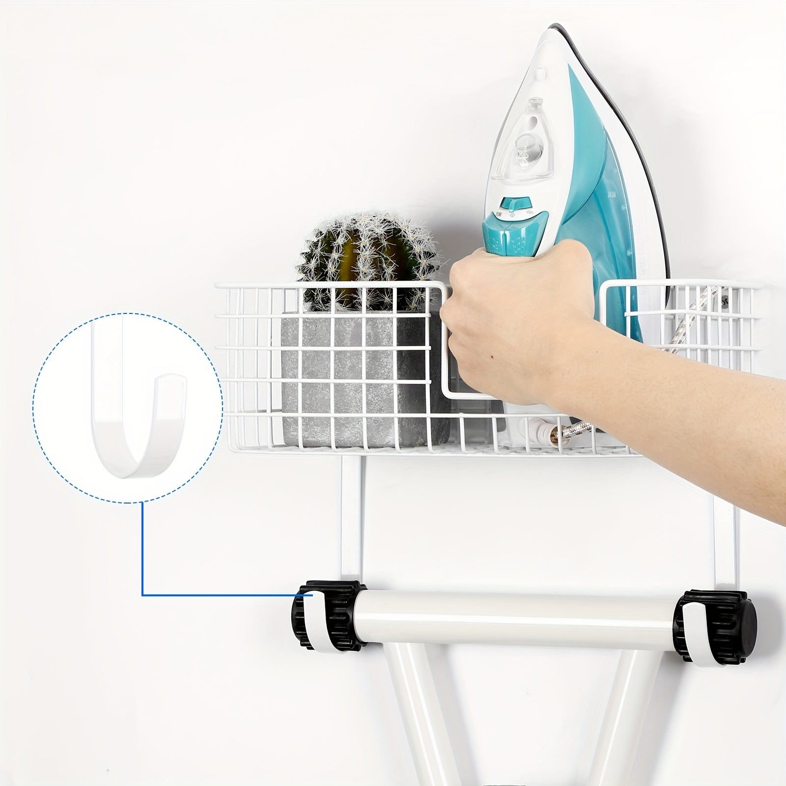White Wall Mounted Ironing Board Hanger Holder with Storage Baskets Laundry Room Rack Wall Mount Metal Ironing Board Rack with Shelf and Basket for Laundry Room Organization and Storage with 2 Baskets