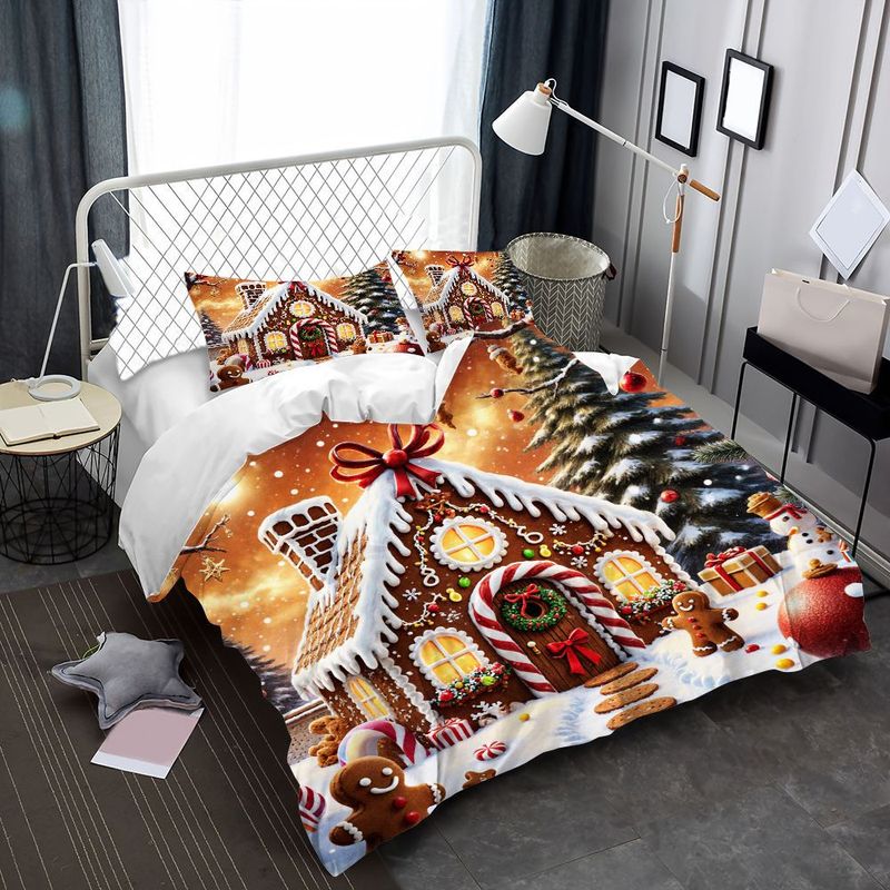 3pcs Christmas Gingerbread House Duvet Cover, Winter Holiday Bedding with Pillowcases, Xmas Snow Scene Quilt, Festive Bedroom Decor, Soft Microfiber Fabric 1 Duvet Cover+2 Pillowcases, Holiday Theme, Cozy Winter Decor, Highq