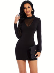 Solid Contrast Mesh Round Neck Long Sleeve Dress, Sexy Stretchy Bodycon Party Mini Dress, Women's Clothing