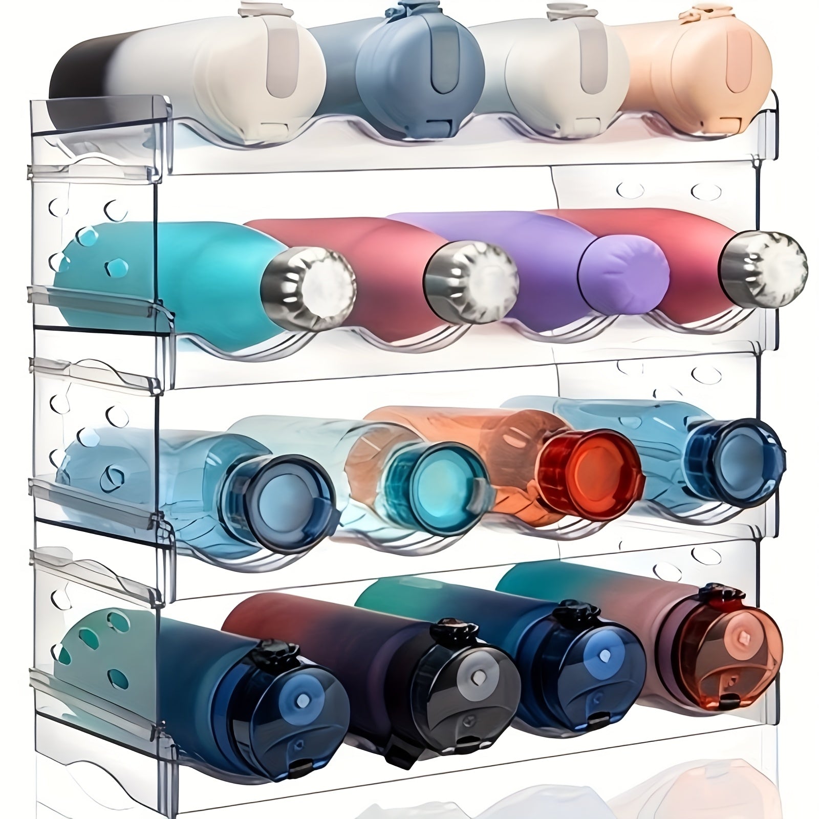 4-Tier Stackable Water Bottle Organizer - Clear Plastic Kitchen Cabinet Storage Rack Holds 16 Bottles, Space-Saving Design for Home, Office, Pantry Organization, Kitchen Organizer, Office Supply Storage, Sleek Appearance, Tra