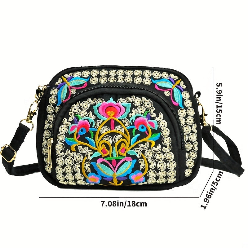 Embroidered Floral Crossbody Bag, Detachable Strap