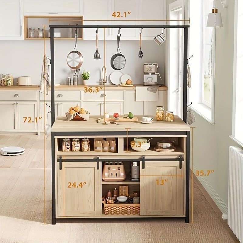 42 Multi-Function Kitchen Island with Sliding Door and 3-Tier Shelves