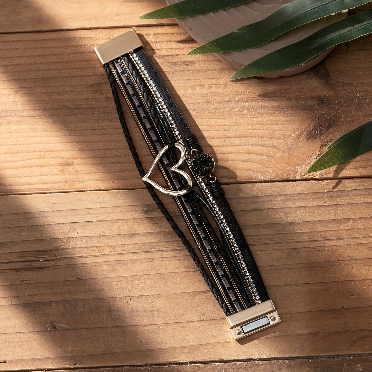 [Boho Chic Heart Bracelet] Boho Chic Multi-Layer PU Leather Magnetic Clasp Bracelet - Black Braided Design & Crystal Accents, Golden-Tone Metal Heart Pendant, Elegant Love Heart - Daisan Mart