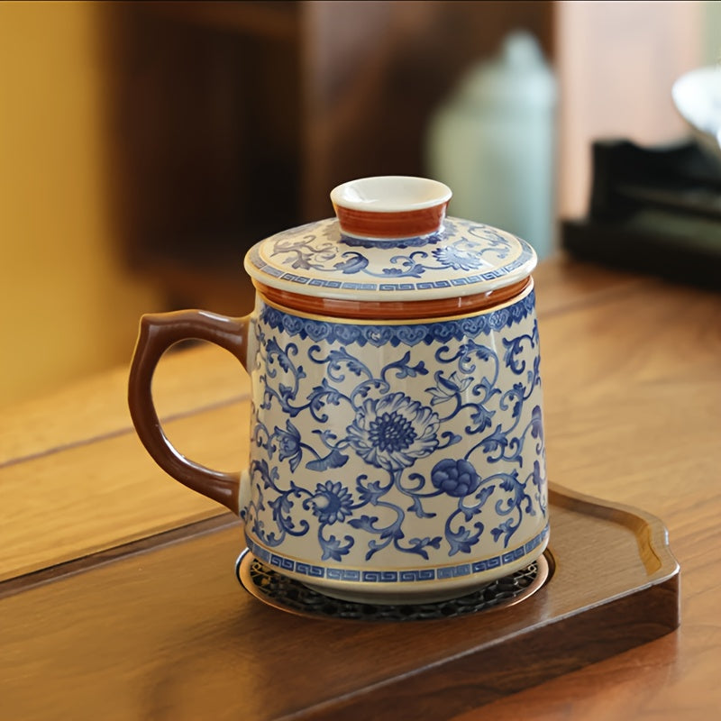 藍白汝家茶杯附蓋 - 花卉咖啡杯，手工製作，傳統中式設計，適合家庭和辦公室使用，僅限手洗，咖啡杯