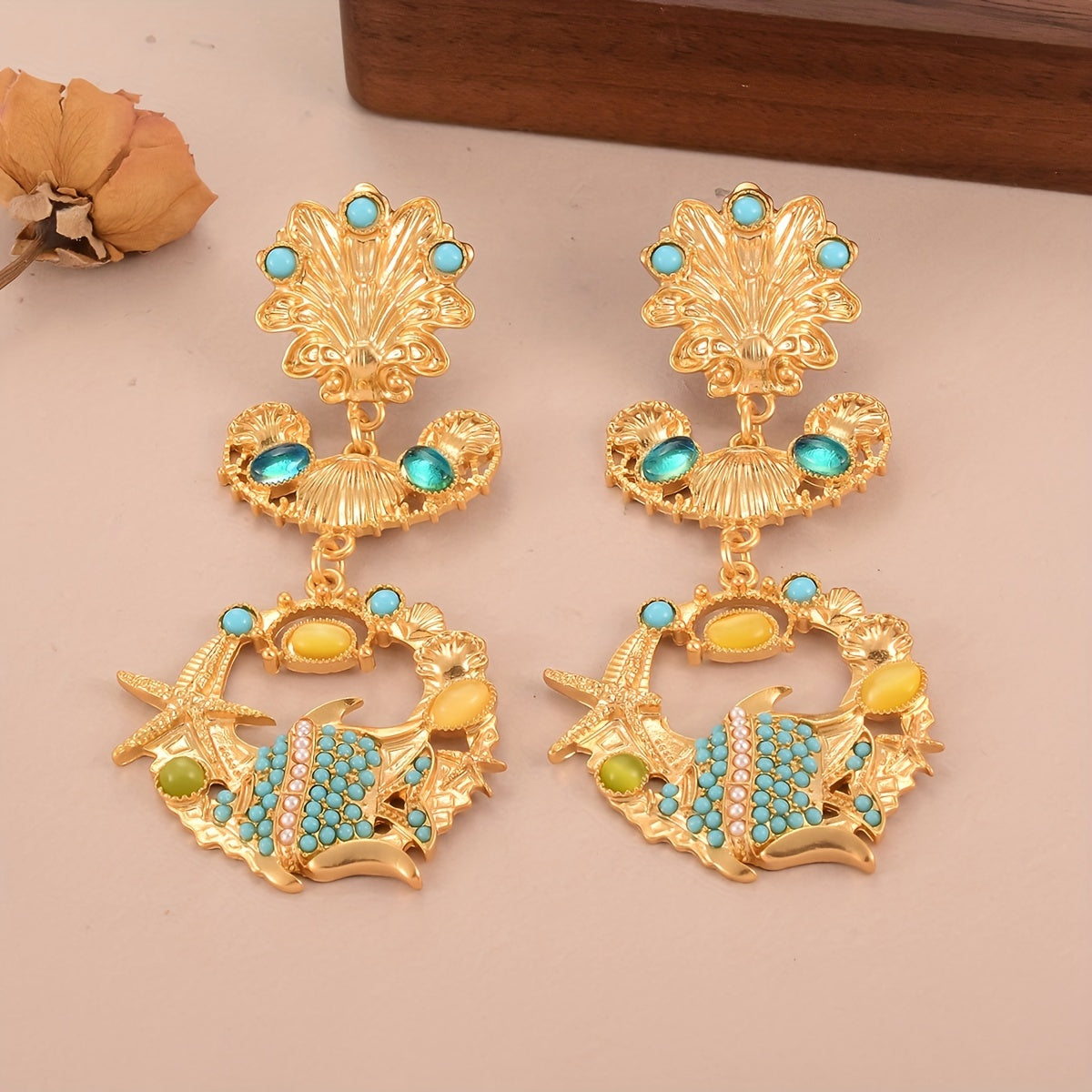 Vintage Boho Ocean-Inspired Drop & Dangle Earrings - 18K Golden Plated with Glass Mosaic, Alloy Construction, 925 Sterling Silver Ear Needle for Women, Ideal for Daily Wear and Gifting Occasions