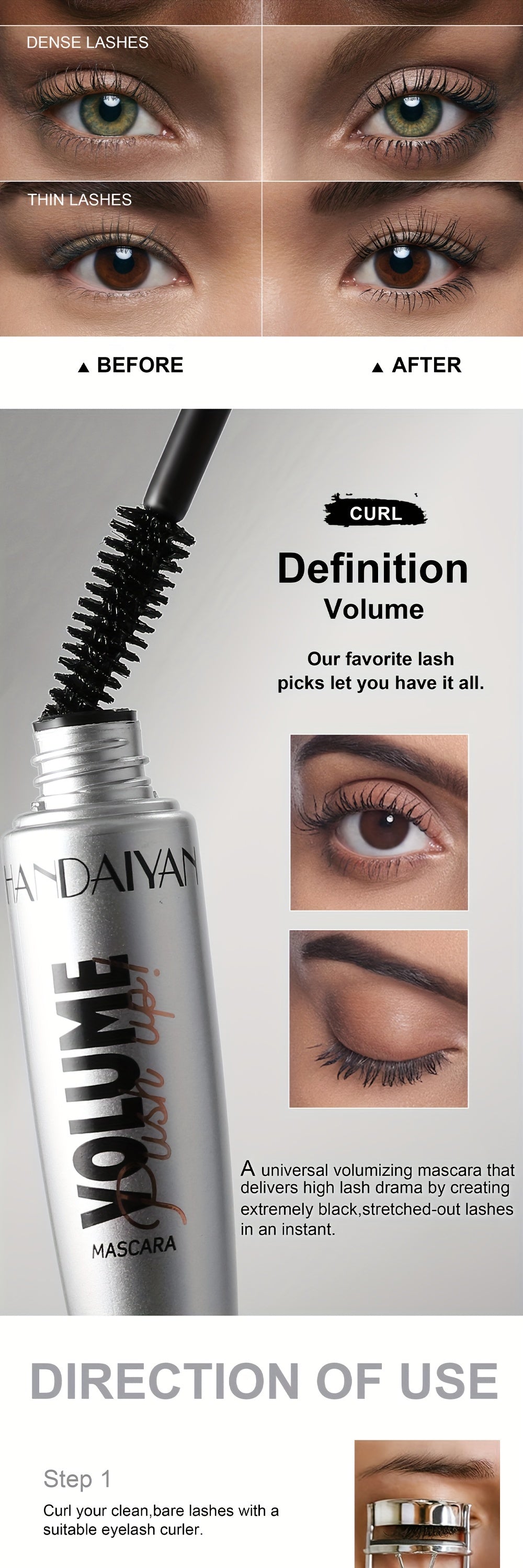 Mascara HANDAIYAN Dày, Cong, Chống Nước, Đen 12g