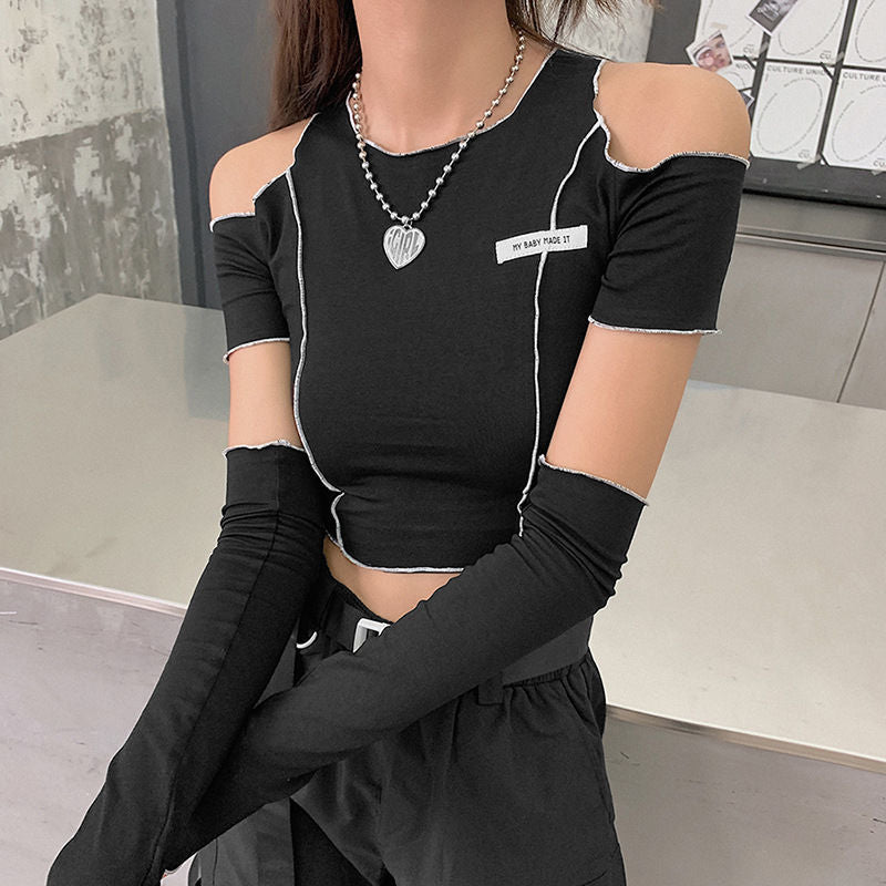 Off Shoulder Hollow Crew Neck T-shirt, Casual Loose Long Sleeve Fashion Summer Slim Bottoming T-Shirts Tops, Women's Clothing - Daisan Mart