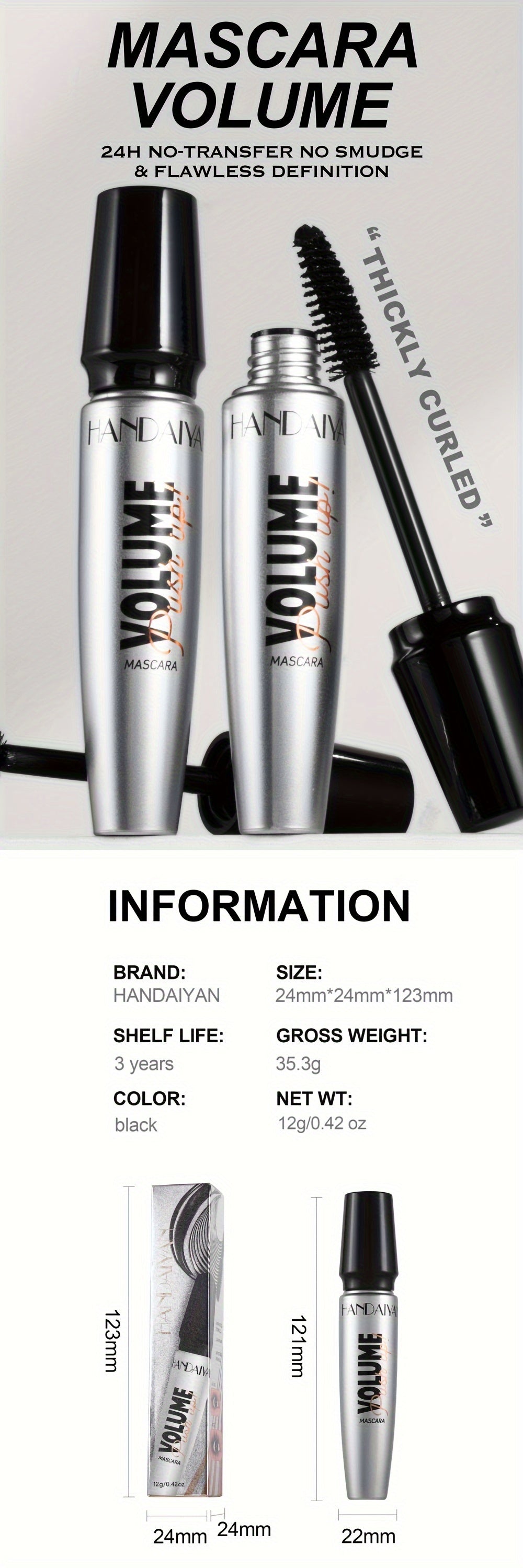 Mascara HANDAIYAN Dày, Cong, Chống Nước, Đen 12g