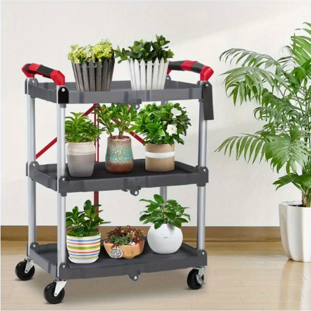 Heavy-Duty 3-Tier Folding Wheeled Cart with 56 lbs Load Capacity per Shelf - Portable Metal Service Cart with 4-Wheel Mobility, Sturdy Frame &amp; Red Accents