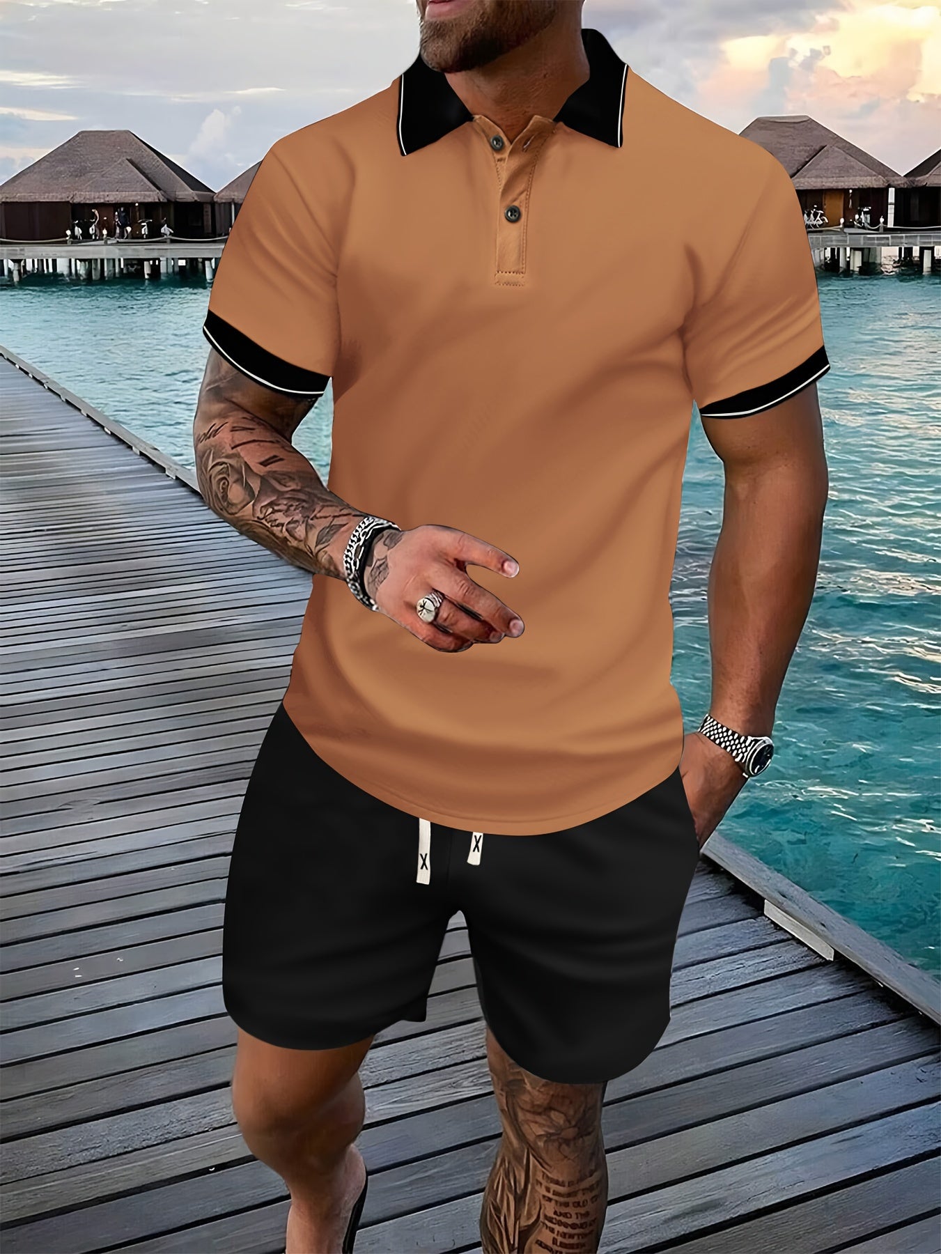 Bộ Golf Nam Hè: Áo Viền Tương Phản & Quần Dây Rút