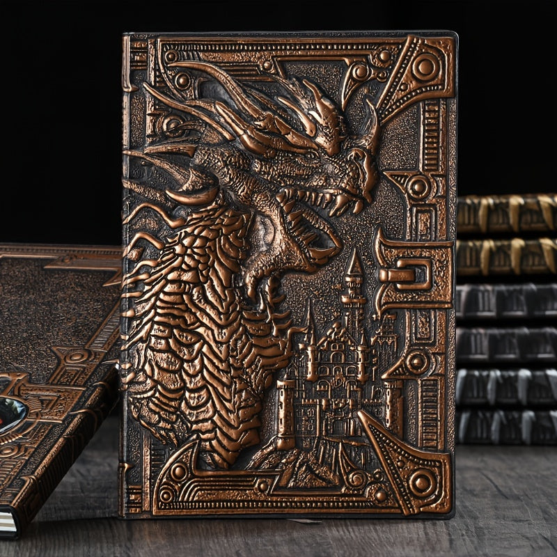 AOXUNDIY Embossed Dragon Journal Notebook, Animal Theme Plain Ruling Writing Pad with 3D Metal Dinosaur Design, Dinosaur Room Decor