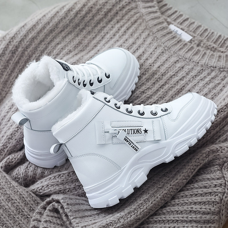 [Warm Fleece-Lined Winter Boots] Warm Fleece-Lined Women's Winter High-Top Boots - Thick Rubber Sole, Lace-Up Casual Style, White & Beige, Perfect for Cold Weather Comfort - Daisan Mart