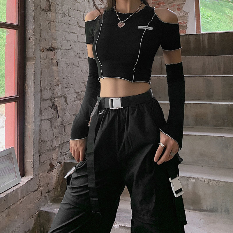 Off Shoulder Hollow Crew Neck T-shirt, Casual Loose Long Sleeve Fashion Summer Slim Bottoming T-Shirts Tops, Women's Clothing - Daisan Mart