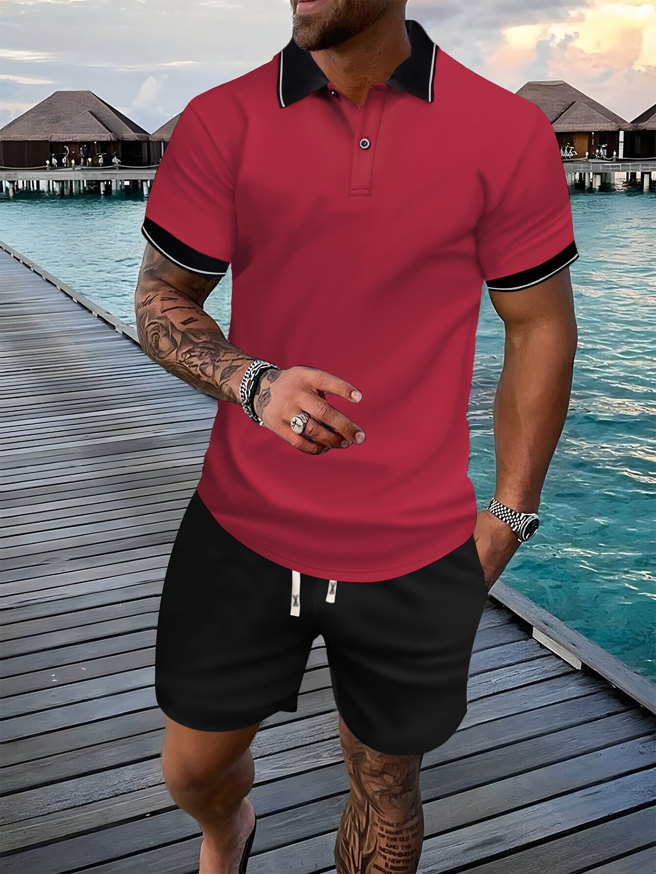 Bộ Golf Nam Hè: Áo Viền Tương Phản & Quần Dây Rút