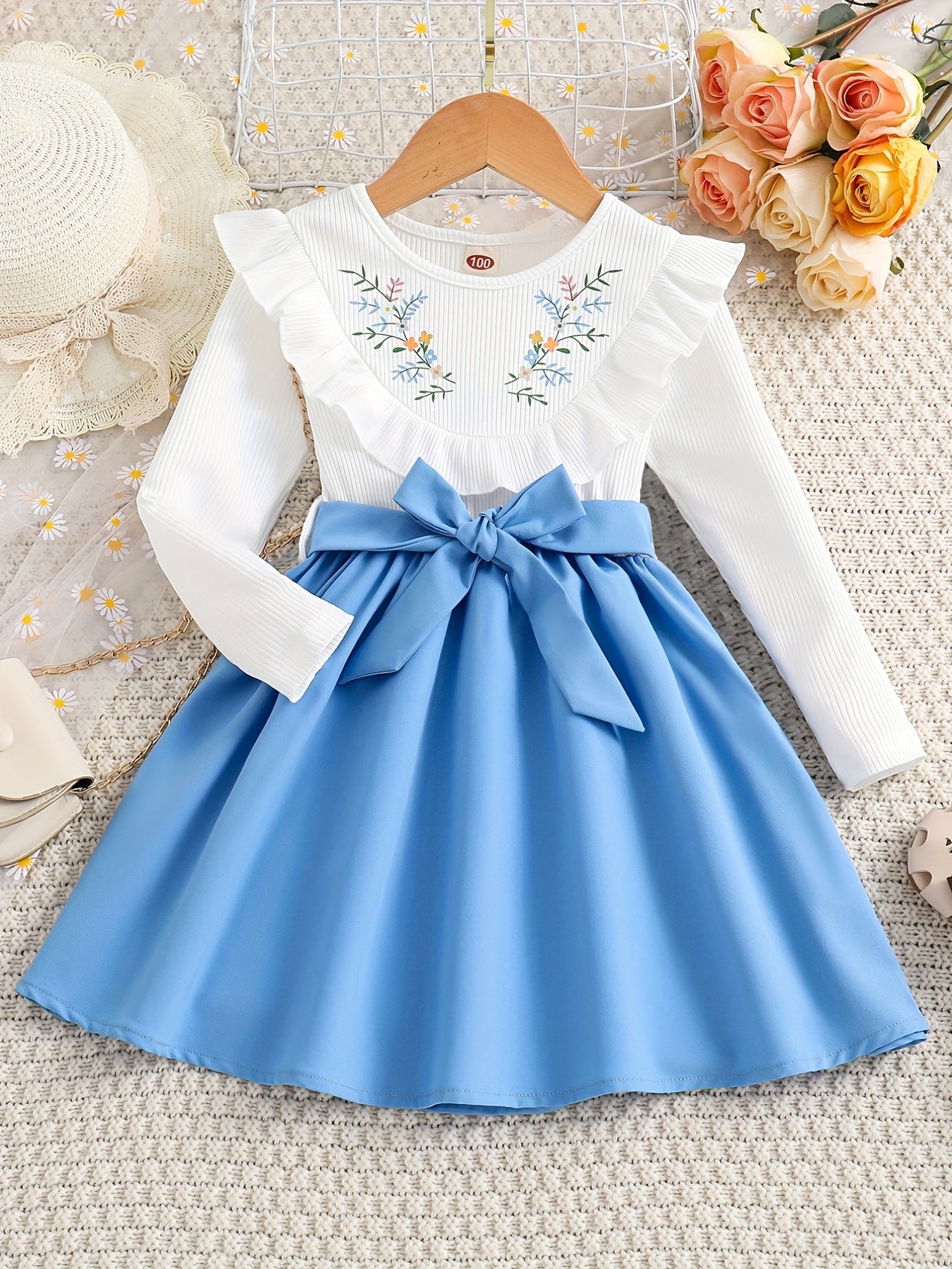 Baby Girl's Long Sleeve Floral Dress with Belt - Gentle Spring and Autumn