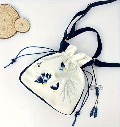 Túi Đeo Chéo Hanfu Thêu Hoa Tua Rua Hồng Cổ Điển