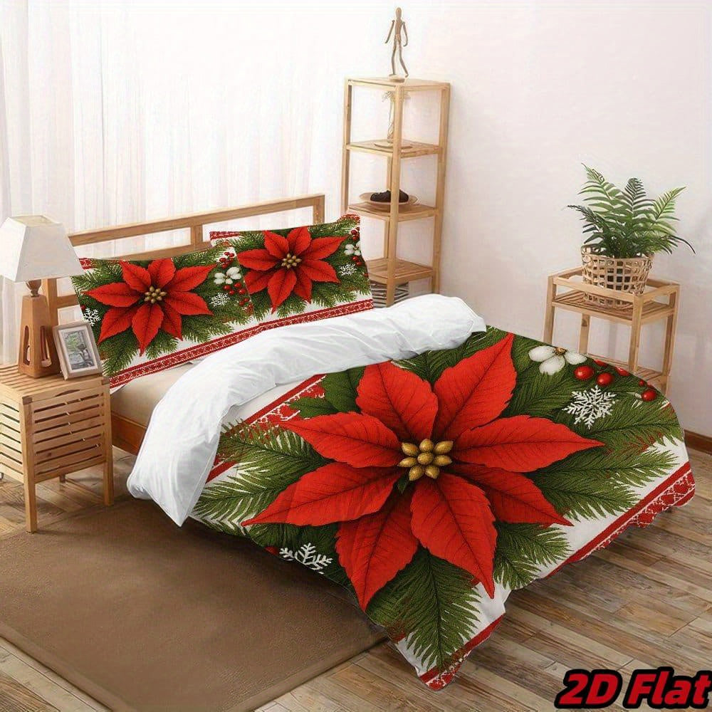 3pcs 2D Flat Christmas Poinsettia Duvet Cover - Red Flower Bedding with Green Pine Branches, Snowflake Pattern, Soft Breathable Polyester, Winter Holiday Bedroom Decor, All-Season 100% fiber fabric 1 Duvet Cover + 2 Pillowcas