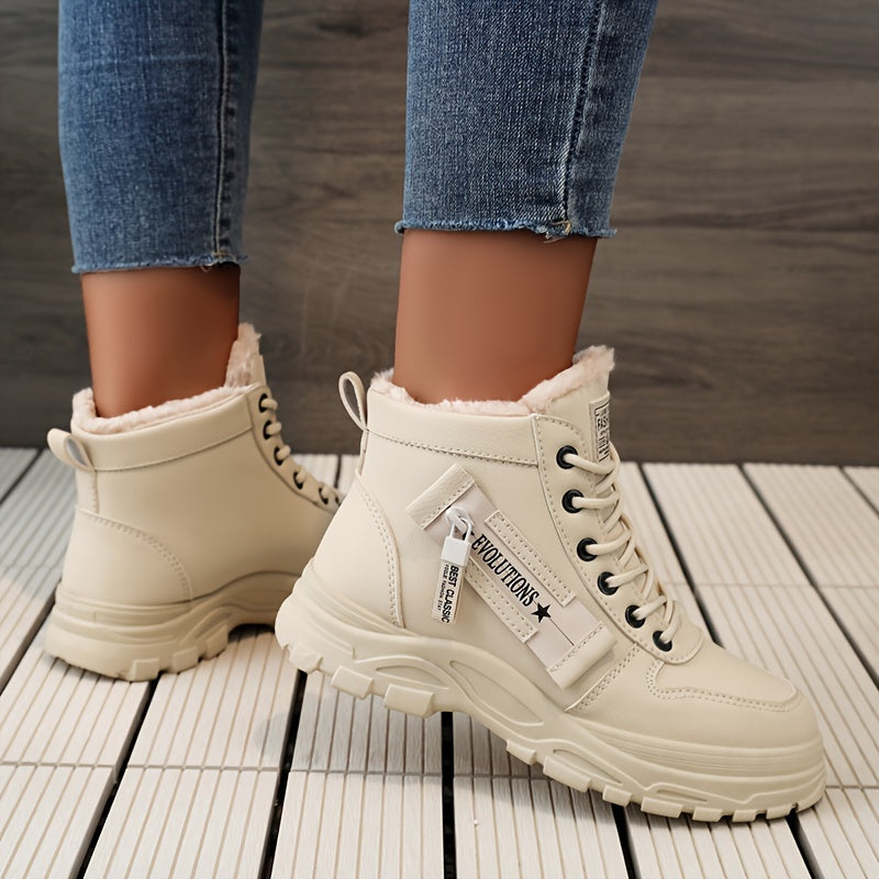 [Warm Fleece-Lined Winter Boots] Warm Fleece-Lined Women's Winter High-Top Boots - Thick Rubber Sole, Lace-Up Casual Style, White & Beige, Perfect for Cold Weather Comfort - Daisan Mart