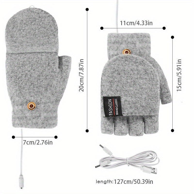 USB Interface Electronic Warmer, Male And Female Universal USB Heating Gloves Knitted Semi Heated Fingerless+Flip Heating Heater with Button Washable Design Gloves for Winter Hand Warmth Laptop Gloves, Without Battery
