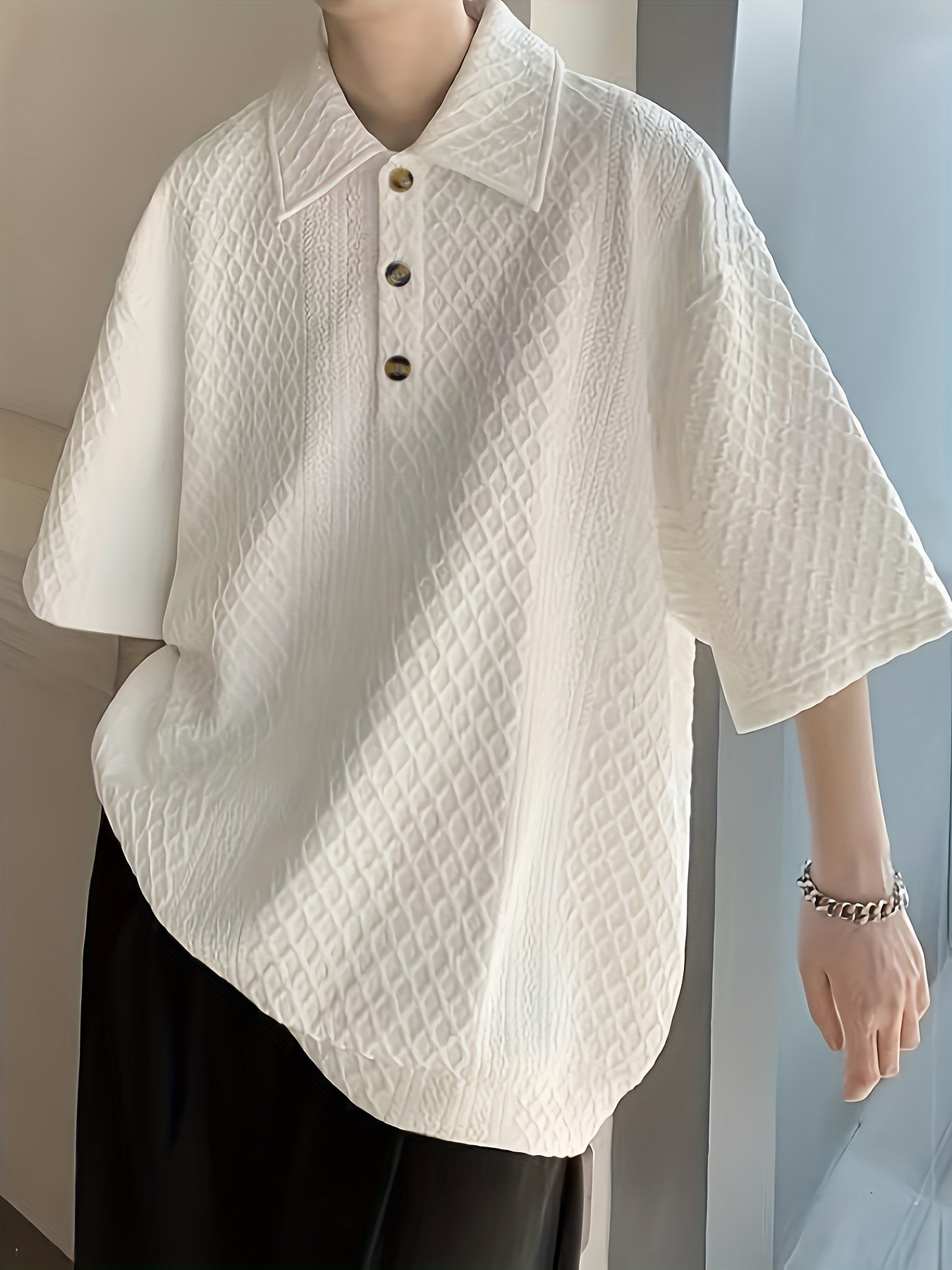 Áo Golf Nam Dáng Rộng, Họa Tiết Hình Học, Tay Ngắn