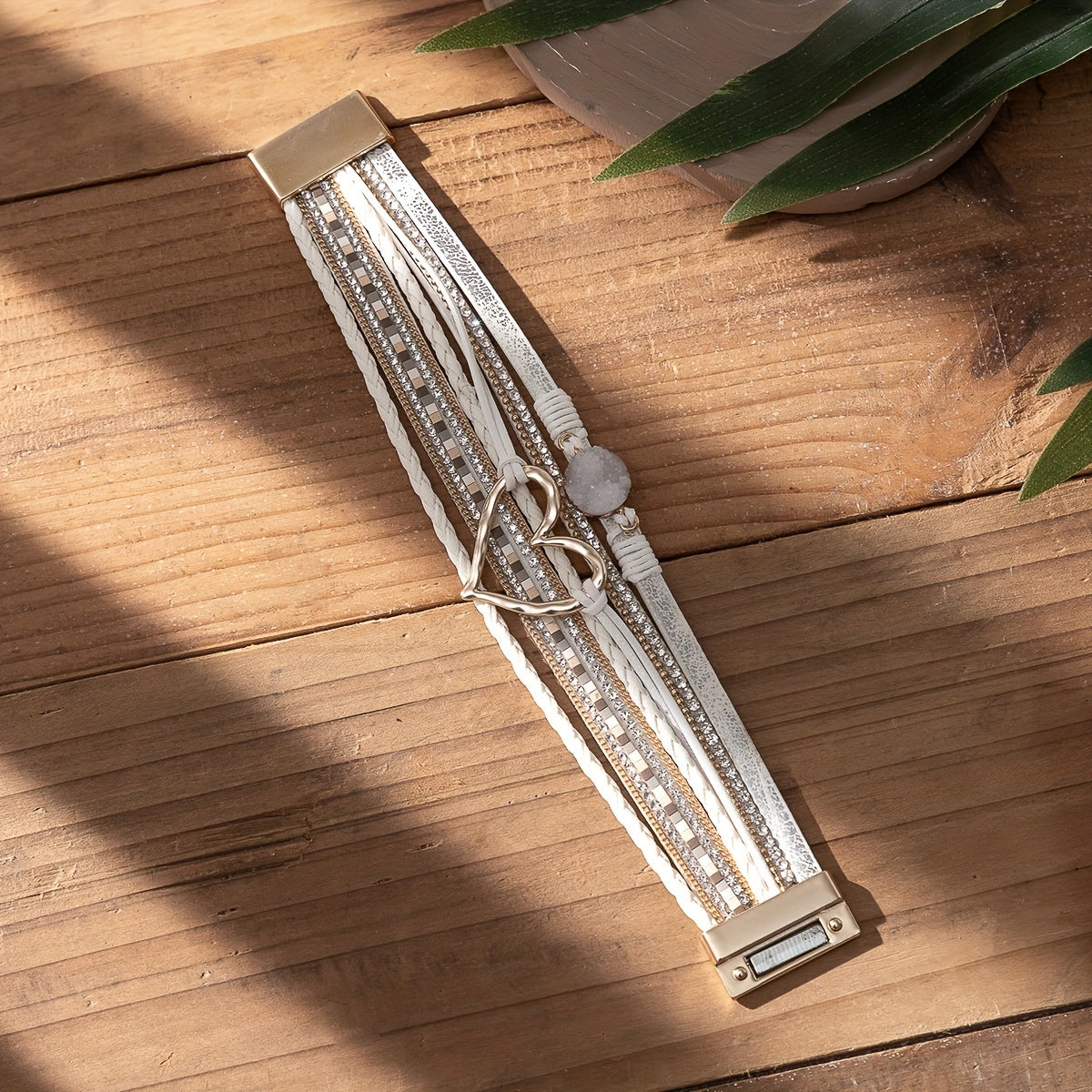 [Boho Chic Heart Bracelet] Boho Chic Multi-Layer PU Leather Magnetic Clasp Bracelet - Black Braided Design & Crystal Accents, Golden-Tone Metal Heart Pendant, Elegant Love Heart - Daisan Mart