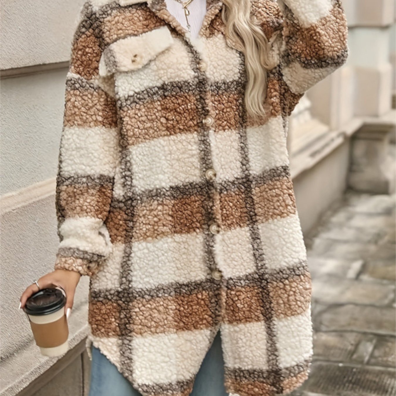 Áo Khoác Nữ Dáng Rộng Kẻ Sọc Y2K Ấm Áp Cổ Điển Mùa Đông