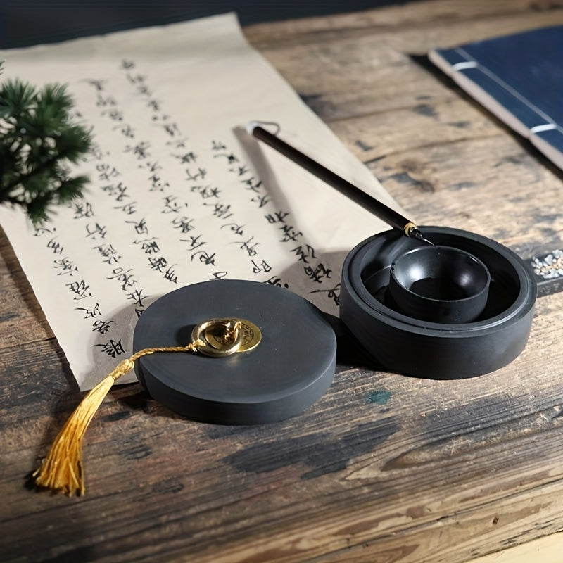 Nghiên Mực Đá Tự Nhiên Nắp Vàng - Pha Mực Truyền Thống