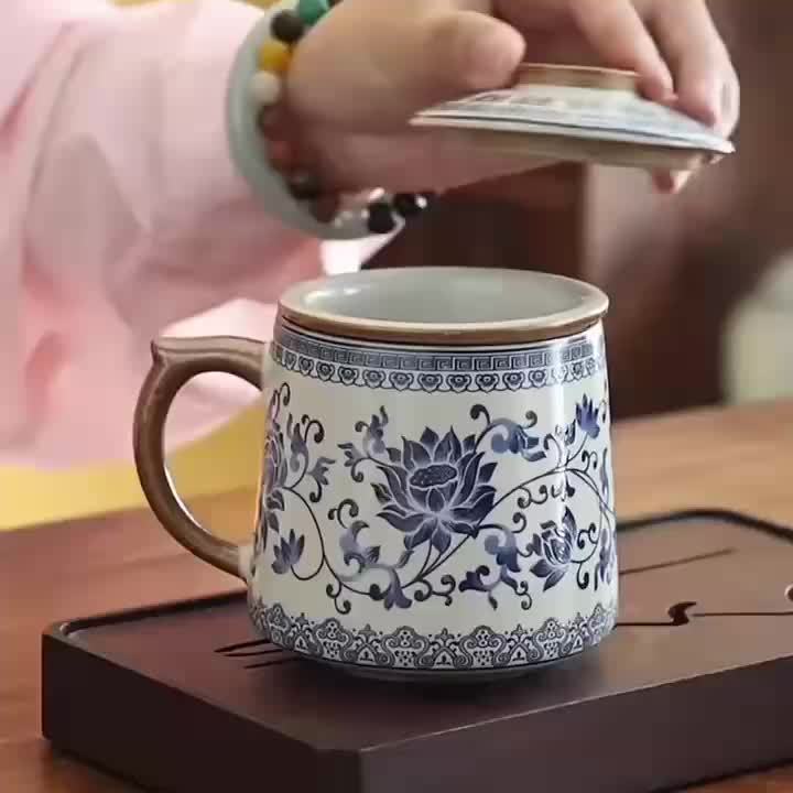 藍白汝家茶杯附蓋 - 花卉咖啡杯，手工製作，傳統中式設計，適合家庭和辦公室使用，僅限手洗，咖啡杯