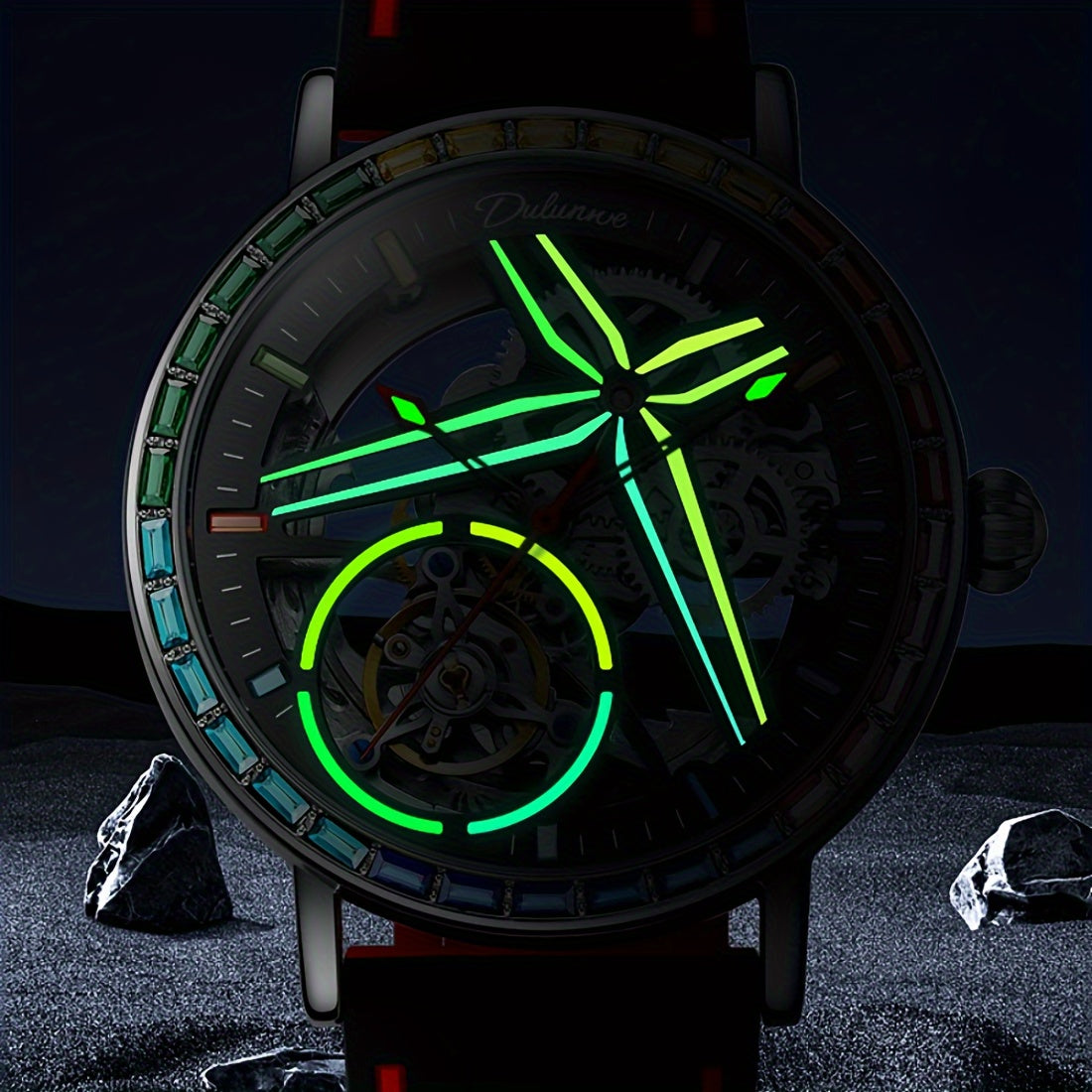 Đồng hồ nam máy cơ lộ máy viền đá quý phát sáng