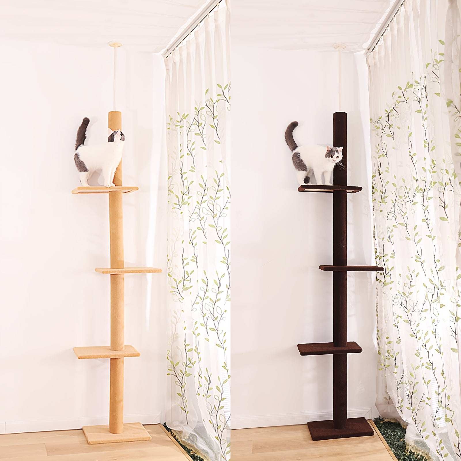 90-107" Floor To Ceiling Cat Tree Tower 4 Tier Tall Cat Climbing Posts Adjustable, Gray, Black, Khaki
