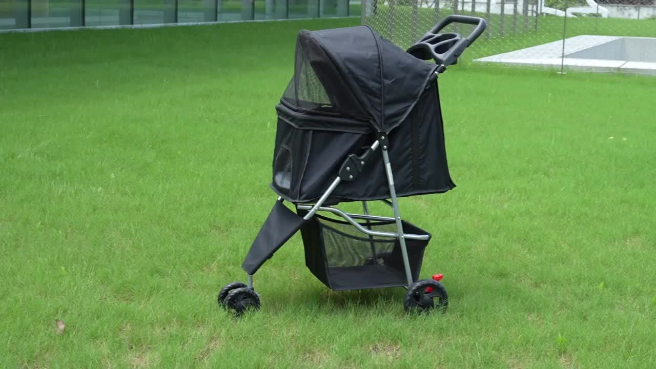 3 Wheels Pet Stroller, Foldable Dog Cat Cage Jogger Stroller With Weather Cover For All-Season, Storage Basket And Cup Holder, Breathable And Visible Mesh For Small/Medium Pets
