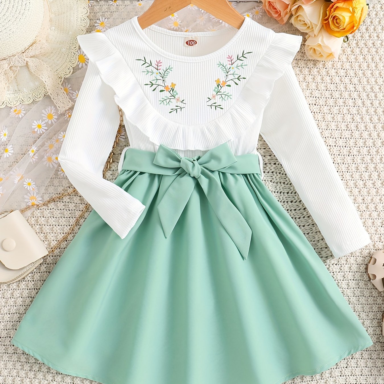 Baby Girl's Long Sleeve Floral Dress with Belt - Gentle Spring and Autumn