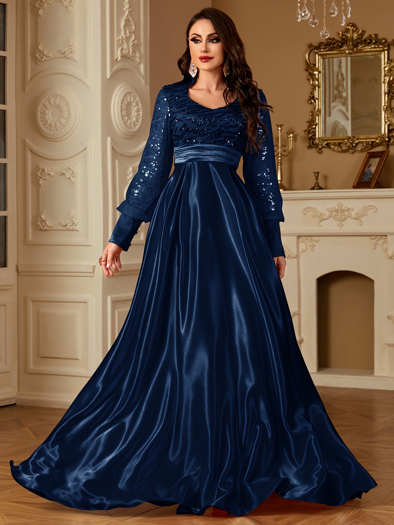 XUIBOL Women's Elegant Long Sleeve Satin Evening Gown - Waist-Cinching Slim Fit A-Line Dress with Sparkling Pearl & Sequin Embellishments, Round Neck Floor-Length Formal Party Dress for Weddings & Galas - Daisan Mart