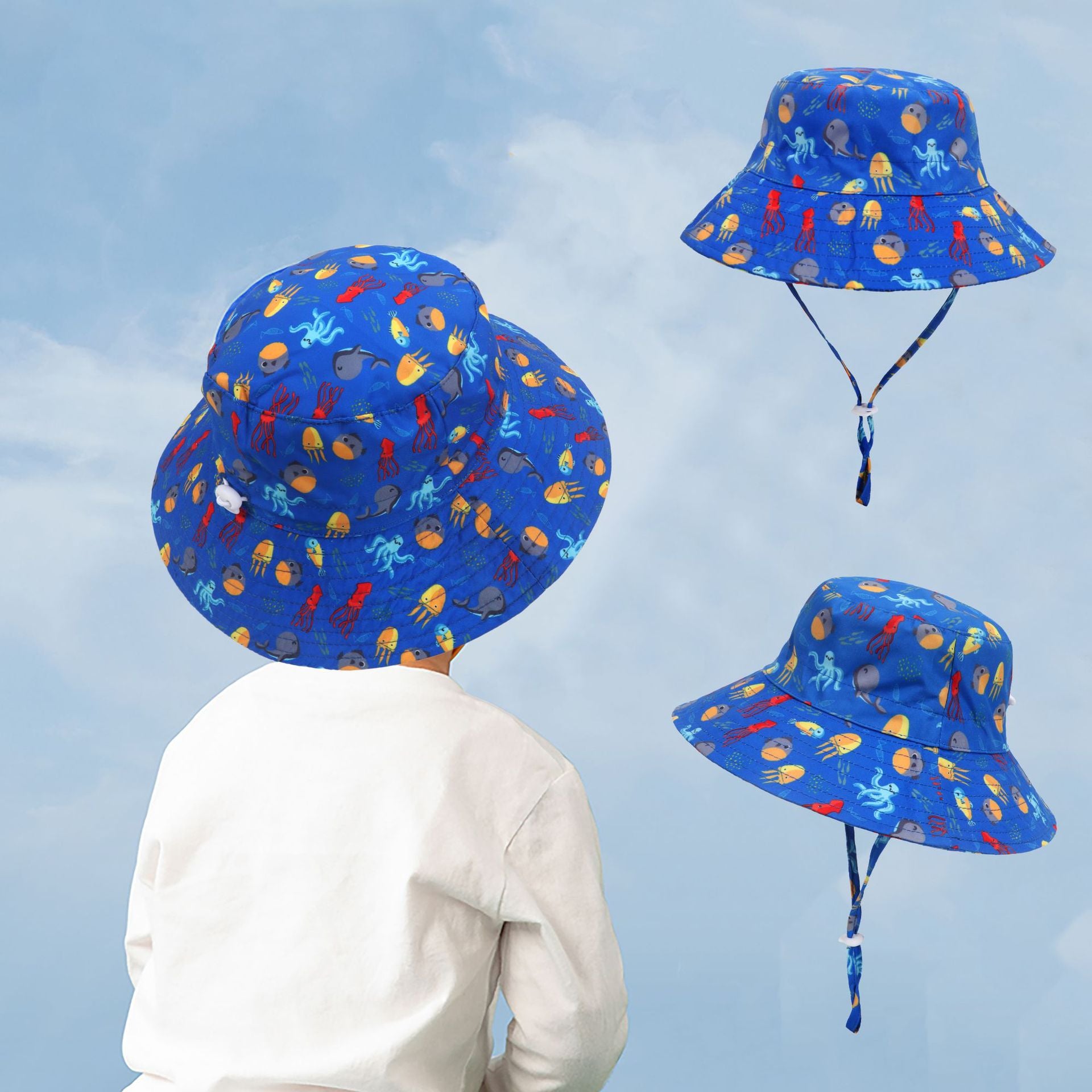 Children's Bucket Hat with Dinosaur and Octopus Print for Sun Protection