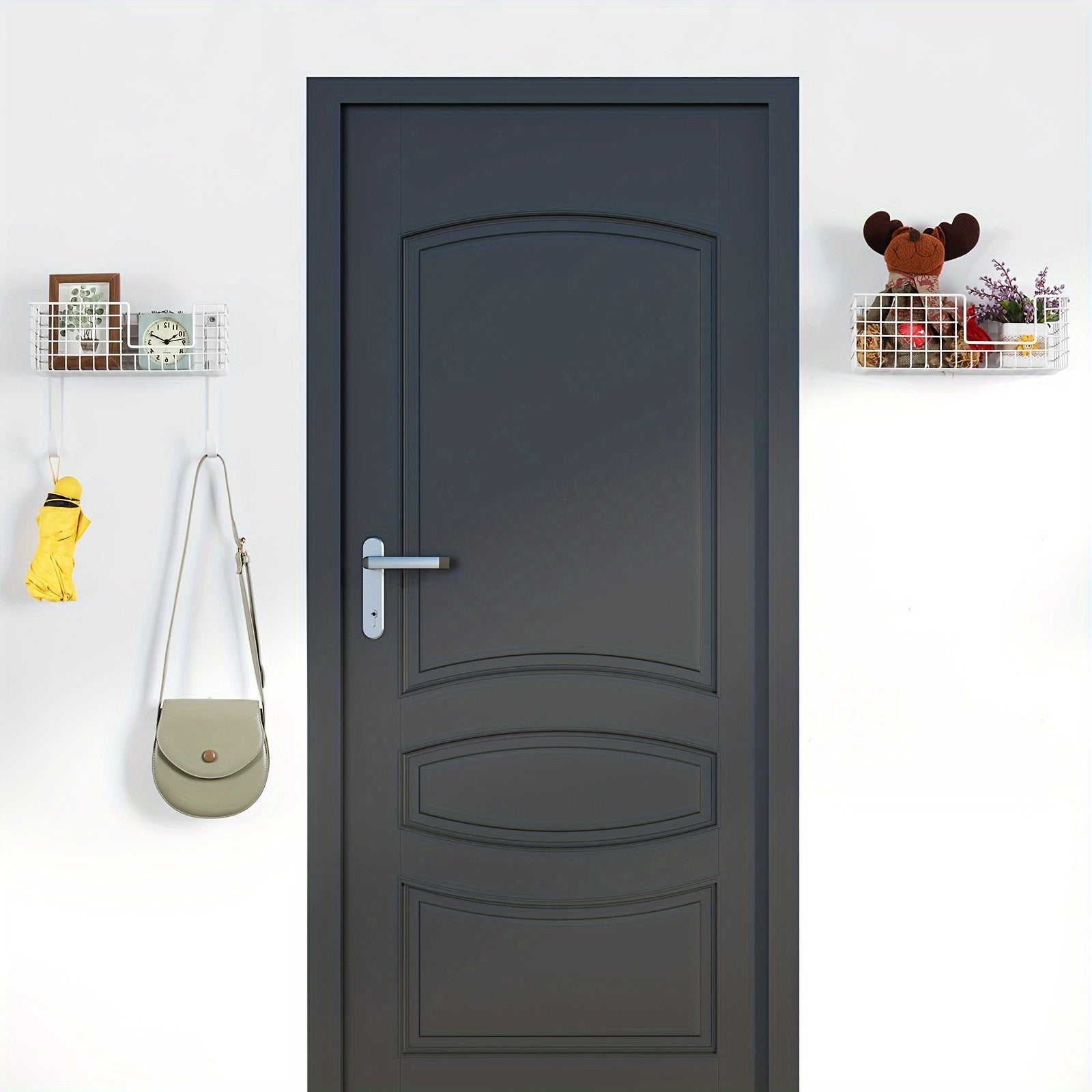 White Wall Mounted Ironing Board Hanger Holder with Storage Baskets Laundry Room Rack Wall Mount Metal Ironing Board Rack with Shelf and Basket for Laundry Room Organization and Storage with 2 Baskets