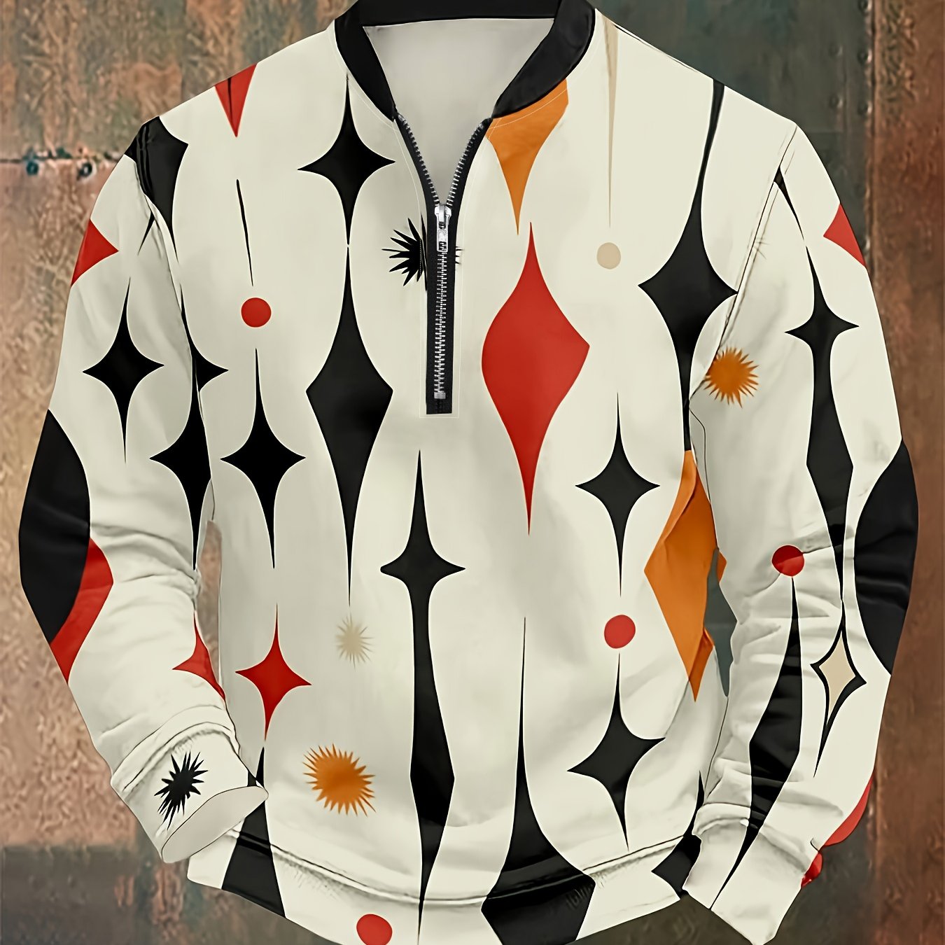 Men'S Long Sleeve Shirt - Loose Fit V-Neck Zipper Front, All-Season Formal &amp; Casual Tops in Black/White/Red/Orange/Gray/Beige/, Non-Transparent Fabric for Everyday, Office, Party - Modern Men'S Clothing, Geometric Pattern, Travel