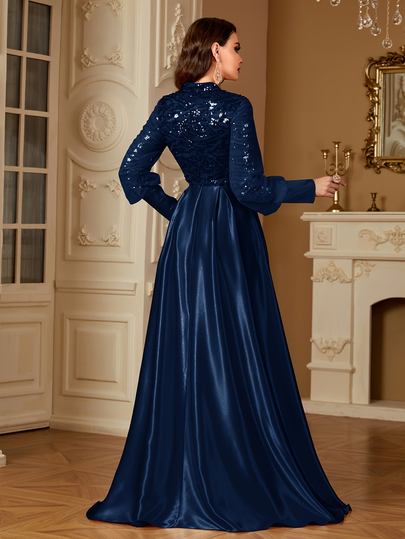 XUIBOL Women's Elegant Long Sleeve Satin Evening Gown - Waist-Cinching Slim Fit A-Line Dress with Sparkling Pearl & Sequin Embellishments, Round Neck Floor-Length Formal Party Dress for Weddings & Galas - Daisan Mart