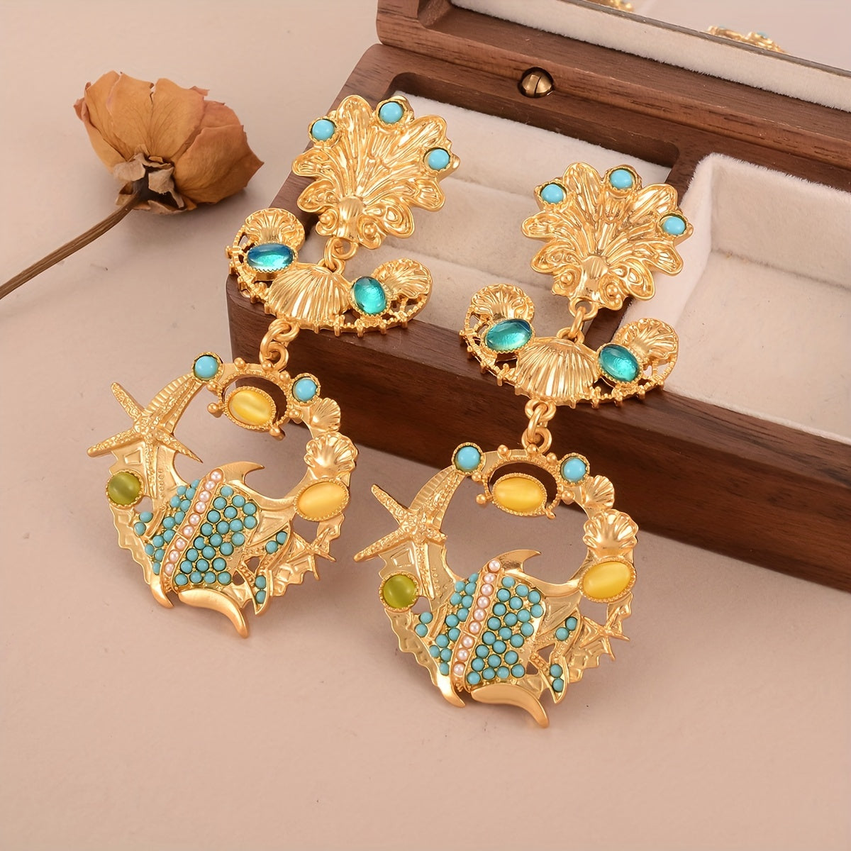 Vintage Boho Ocean-Inspired Drop & Dangle Earrings - 18K Golden Plated with Glass Mosaic, Alloy Construction, 925 Sterling Silver Ear Needle for Women, Ideal for Daily Wear and Gifting Occasions