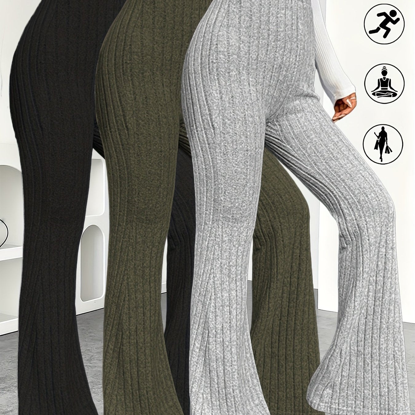 3pcs Set Women'S Plus Size High-Waisted Flare Pants (XL-5XL) - Soft Stretchy Trousers with Flared Legs, Machine Washable All-Season Formal & Everyday Pants in Black, Grey, Olive Green - Ideal for Curvy Women, High Waist Pants