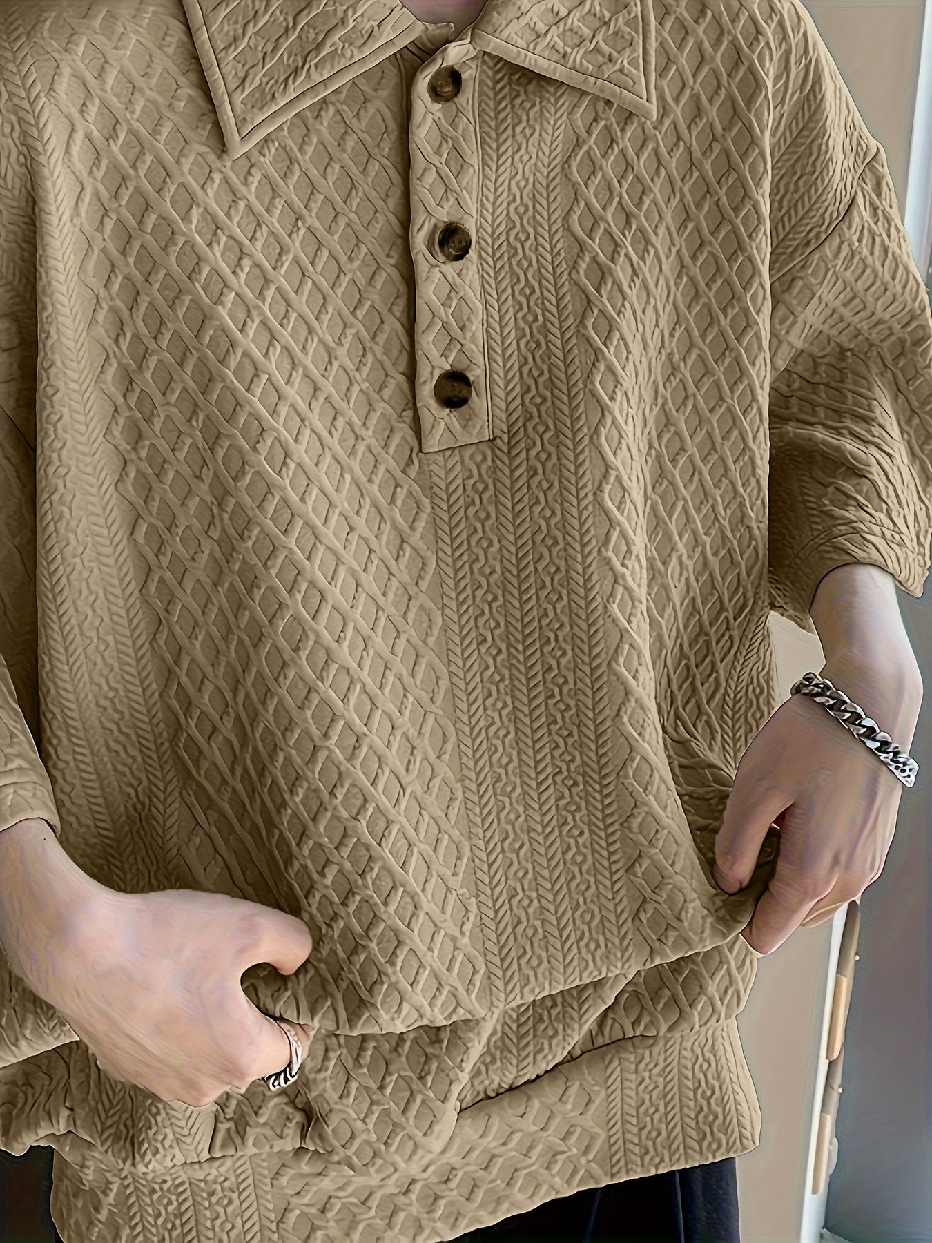 Áo Golf Nam Dáng Rộng, Họa Tiết Hình Học, Tay Ngắn