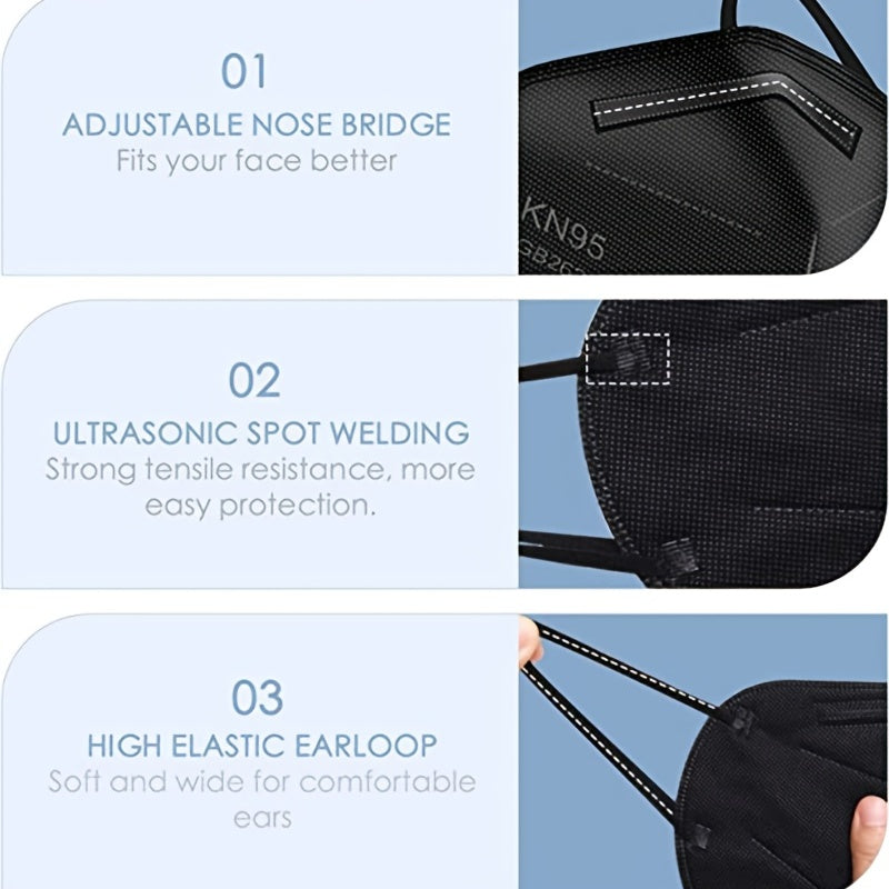 50個一包 KN95 口罩，透氣舒適，成人黑色 KN95 口罩，5層透氣安全口罩，防 PM2.5，過濾效率超過 95%