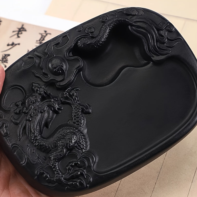 Chengni Inkstone Dragon-Carved Seal Platform - Elegant Black Oval Stone with Detailed Dragon and Cloud Design, Ideal for Traditional Chinese Calligraphy and Painting Supplies, Artistic Inkstone Platform|Dragon Motif Design|Sm