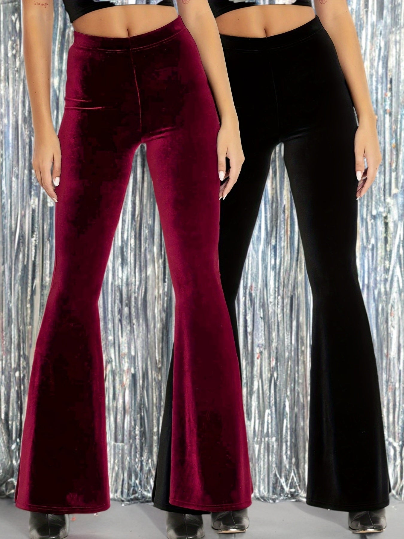 2pcs High Waist Velvet Pants Set for Women - Stretchy Polyester Knit Fabric, Black and Red, Flared Leggings, Fall/Winter Fashion - Daisan Mart