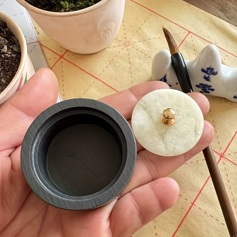 Mini Inkstone with Lid, Calligraphy, Natural Stone Processed Inkstone for Copying Sutras, Small Script Grinding Inkwell, Artificial Jade Cover Random Color